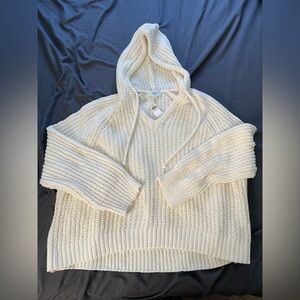 Aerie Cream V-Neck Knit Hooded Sweater